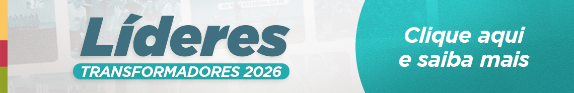 Banner horizontal com o texto &ldquo;L&iacute;deres Transformadores 2026&rdquo;. &Agrave; direita, em destaque, a frase &ldquo;Clique aqui e saiba mais&rdquo;. Fundo em tons de verde e azul, com elementos gr&aacute;ficos institucionais.