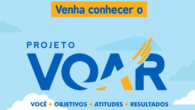 Cartaz com os dizeres "Venha conhecer o Projeto VOAR – Você + Objetivos + Atitudes + Resultados"
