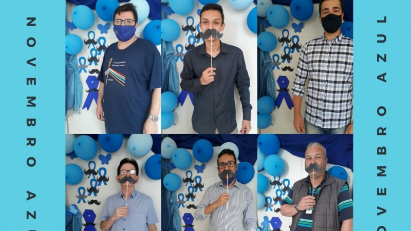Montagem de foto com seis homens em frente à decoração alusiva ao Novembro Azul