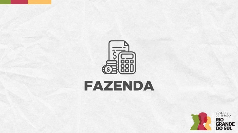 Card cinza com o logo do Governo do Estado do Rio Grande do Sul no canto inferior esquerdo. No centro da imagem, está escrito Fazenda. Logo acima dessa palavra, pode-se notar um ícone estilizado, um desenho representando uma pilha de moedas, uma calculadora e uma folha com cifrão.
