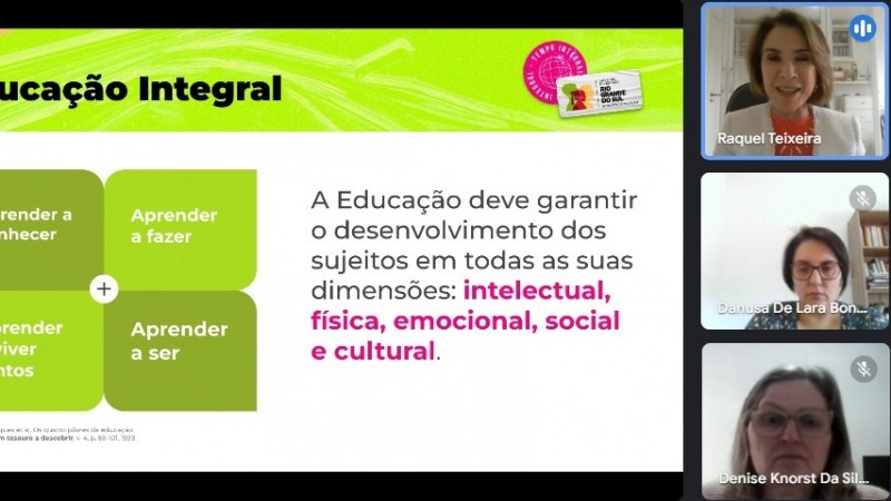 A imagem mostra uma tela do encontro do webinário Programa Escola em Tempo Integral. 