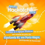 Card em tons laranjas. No centro da imagem, está escrito o título "Desafio Hackatchê 2024", junto com a ilustração fototrealista de um foguete alaranjado.