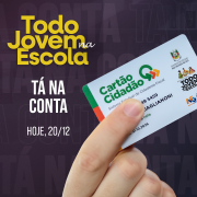 A imagem com um fundo roxo sobre programa "Todo Jovem na Escola", do Governo do Rio Grande do Sul, com destaque para o pagamento via "Cartão Cidadão". No canto inferior, está o logotipo da Secretaria da Educação do RS.