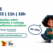 Card anuncia a live em 20/03 às 11h sobre recebimento e entrega dos uniformes escolares da rede estadual. Destaque para o link do YouTube (TV Seduc RS) e ilustração de estudante sorridente com celular e mochila, acompanhada de um cachorro. Abaixo, logo do governo do Estado.