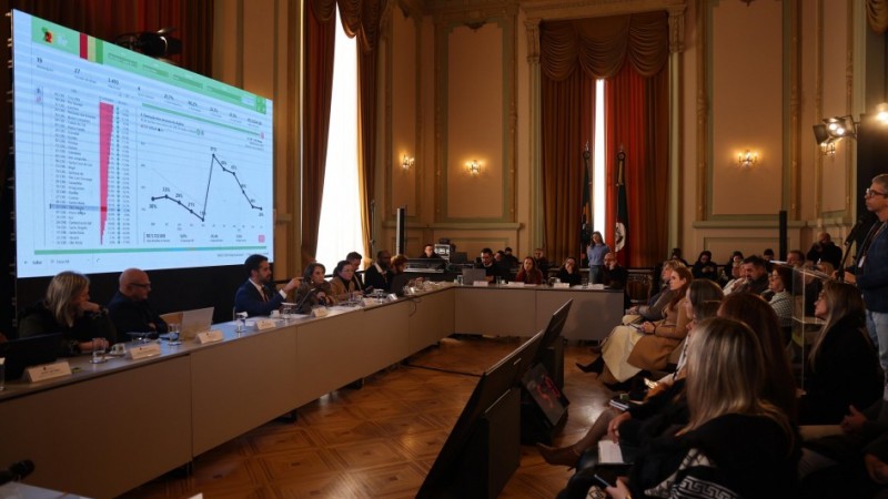 Foto do salão nobre do Palácio Piratini, em Porto Alegre, onde autoridades e convidados acompanham apresentação de dados projetados em telão. O encontro ocorre em ambiente formal, com decoração clássica e participação de representantes do governo e da sociedade.
