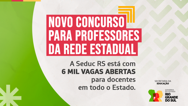 Imagem de divulgação do Novo Concurso para Professores da Rede Estadual. No canto inferior, logo da Secretaria da Educação e do Governo do Estado. 