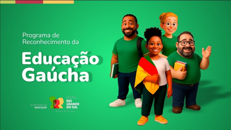 Card com quatro personagens animados sobre fundo verde, com o texto "Programa de Reconhecimento da Educa&ccedil;&atilde;o Ga&uacute;cha" &agrave; esquerda e os logos da Secretaria da Educa&ccedil;&atilde;o e do Governo do RS no canto inferior esquerdo.