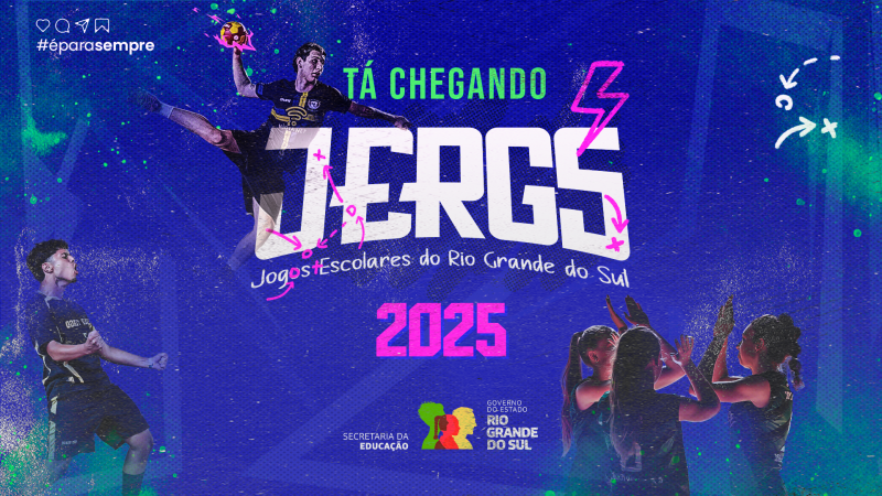 Card dos Jogos Escolares do Rio Grande do Sul (JERGS) 2025, com fundo azul e efeitos gr&aacute;ficos coloridos. Traz atletas em a&ccedil;&atilde;o e o texto &ldquo;T&aacute; chegando JERGS 2025 &mdash; Jogos Escolares do Rio Grande do Sul&rdquo;. Na parte inferior, logotipos da Seduc e do Governo do Estado.