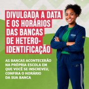 Arte institucional da Seduc informa a divulgação das datas e horários das bancas de heteroidentificação, com orientações aos inscritos e destaque para estudante da Rede Estadual.