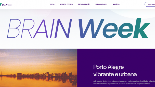 Captura de tela do site Brain Week, com logotipo no topo e menu de navega&ccedil;&atilde;o. No centro, o nome &ldquo;Brain Week&rdquo; em destaque. Abaixo, h&aacute; foto do p&ocirc;r do sol em Porto Alegre e texto sobre atividades din&acirc;micas e experi&ecirc;ncias urbanas pela cidade.