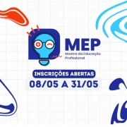 Card da Mostra da Educa&ccedil;&atilde;o Profissional (MEP) com ilustra&ccedil;&atilde;o de l&acirc;mpada estilizada e texto &ldquo;Inscri&ccedil;&otilde;es abertas 08/05 a 31/05&rdquo;. O fundo branco tem formas abstratas em azul, vermelho e azul-claro nos cantos da imagem.