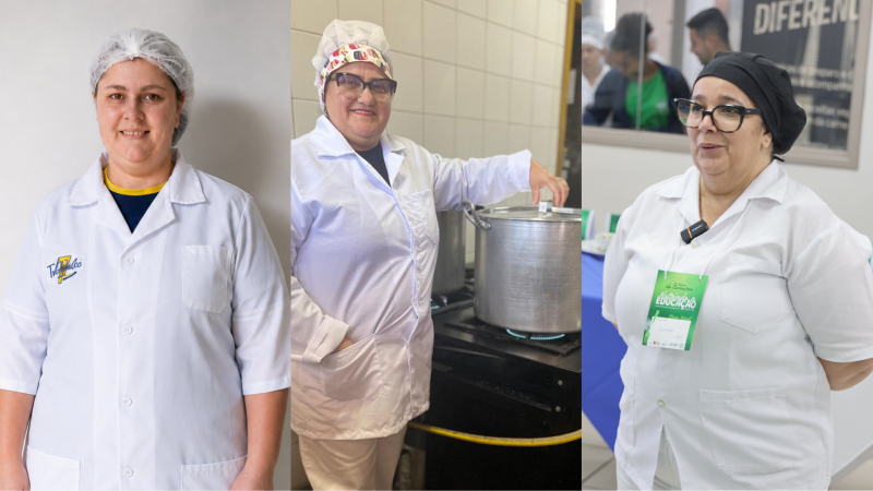 Tr&ecirc;s fotos das merendeiras da rede estadual que participam de concurso nacional Melhores Receitas da Alimenta&ccedil;&atilde;o Escolar