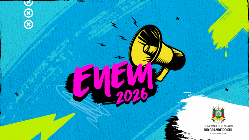Capa Mat&eacute;ria Enem 2026. Fundo azul e imagem de um megafone amarelo pr&oacute;ximo aos dizeres "ENEM 2026"